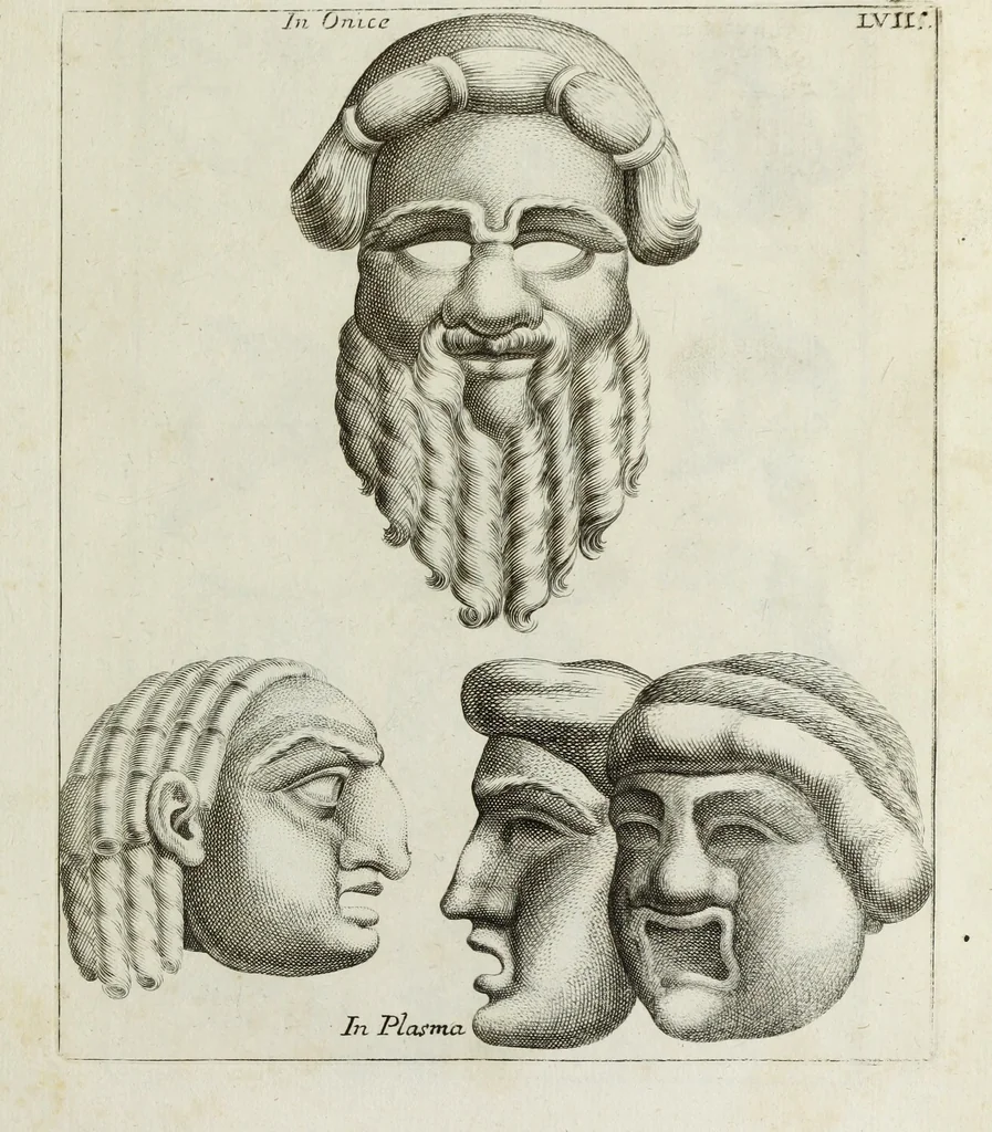 An illustration from Francisci Ficoronii Reg. Lond. Acad. socii dissertatio de larvis scenicis et figuris comicis antiquorum Romanorum, et ex Italica in Latinam linguam versa, 1754, leaf 254