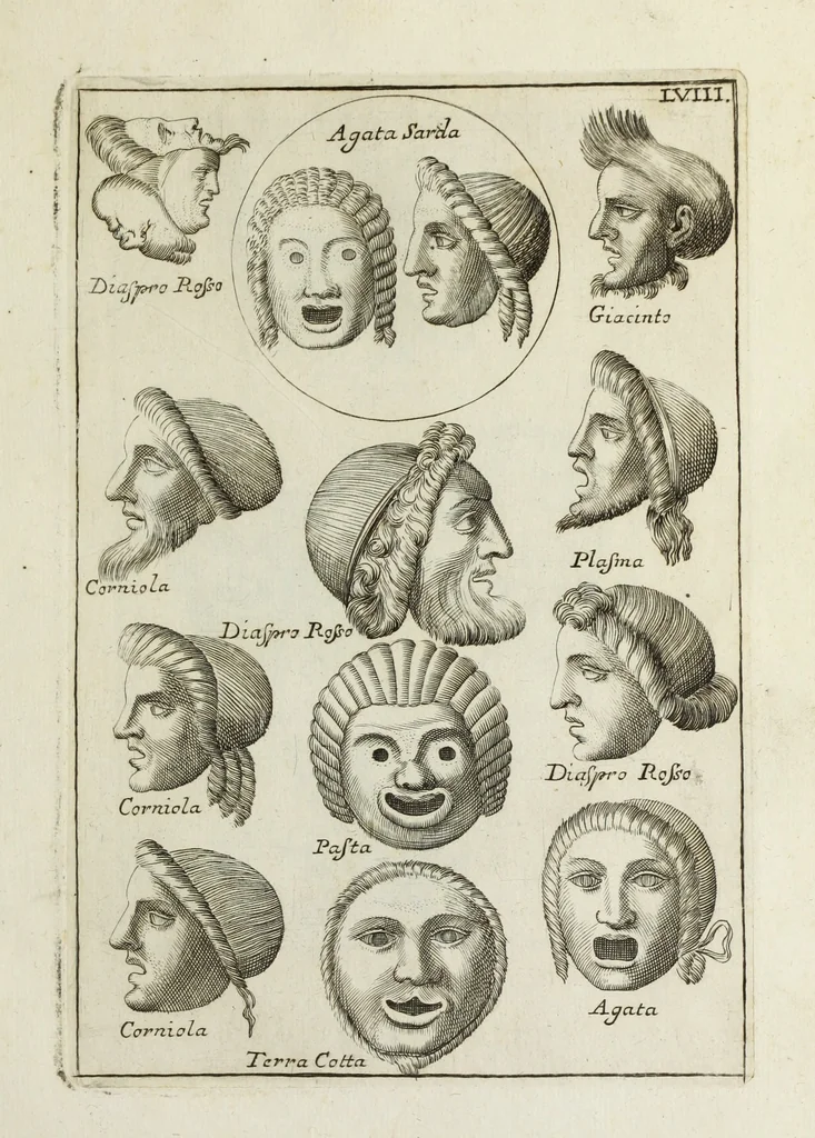 An illustration from Francisci Ficoronii Reg. Lond. Acad. socii dissertatio de larvis scenicis et figuris comicis antiquorum Romanorum, et ex Italica in Latinam linguam versa, 1754, leaf 256
