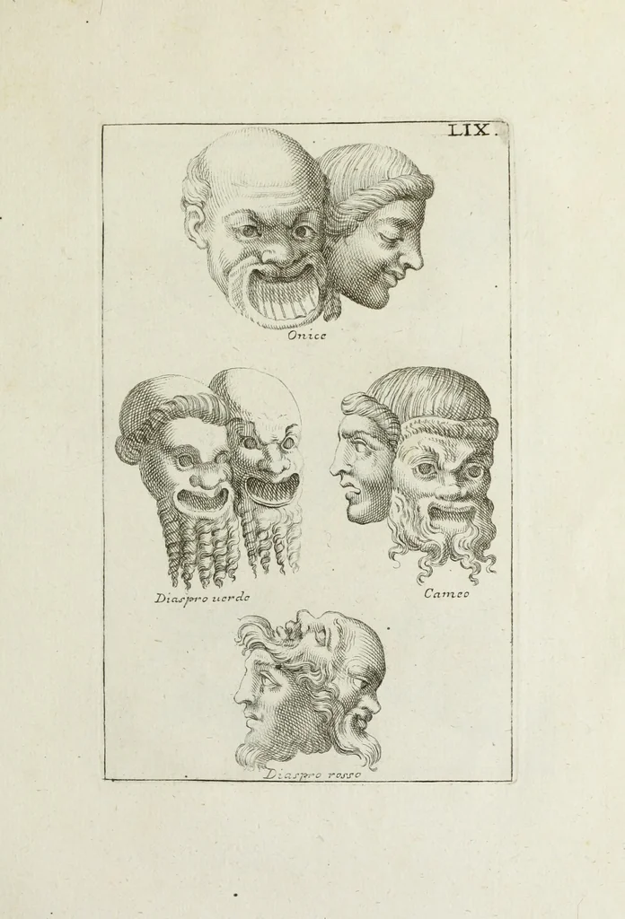 An illustration from Francisci Ficoronii Reg. Lond. Acad. socii dissertatio de larvis scenicis et figuris comicis antiquorum Romanorum, et ex Italica in Latinam linguam versa, 1754, leaf 258