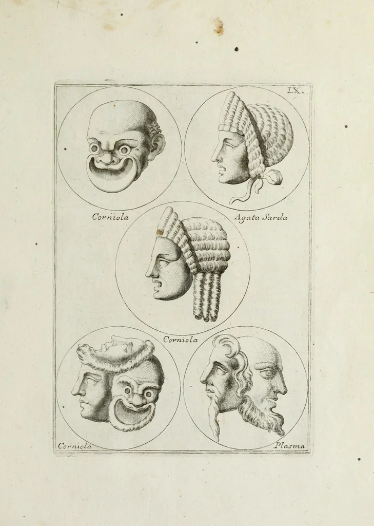 An illustration from Francisci Ficoronii Reg. Lond. Acad. socii dissertatio de larvis scenicis et figuris comicis antiquorum Romanorum, et ex Italica in Latinam linguam versa, 1754, leaf 260
