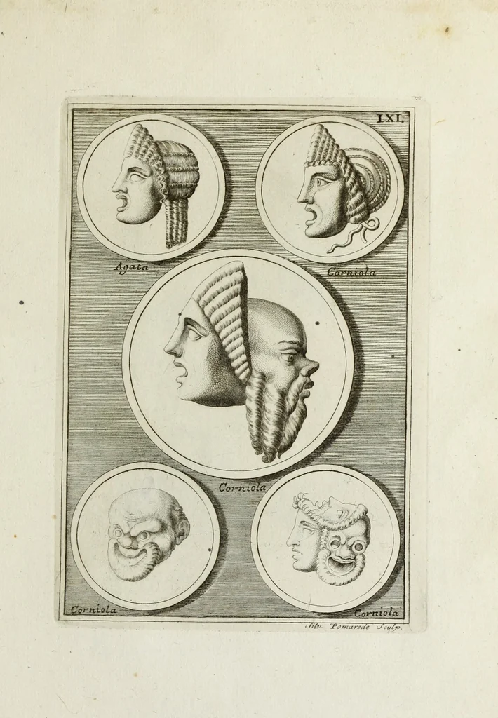 An illustration from Francisci Ficoronii Reg. Lond. Acad. socii dissertatio de larvis scenicis et figuris comicis antiquorum Romanorum, et ex Italica in Latinam linguam versa, 1754, leaf 262