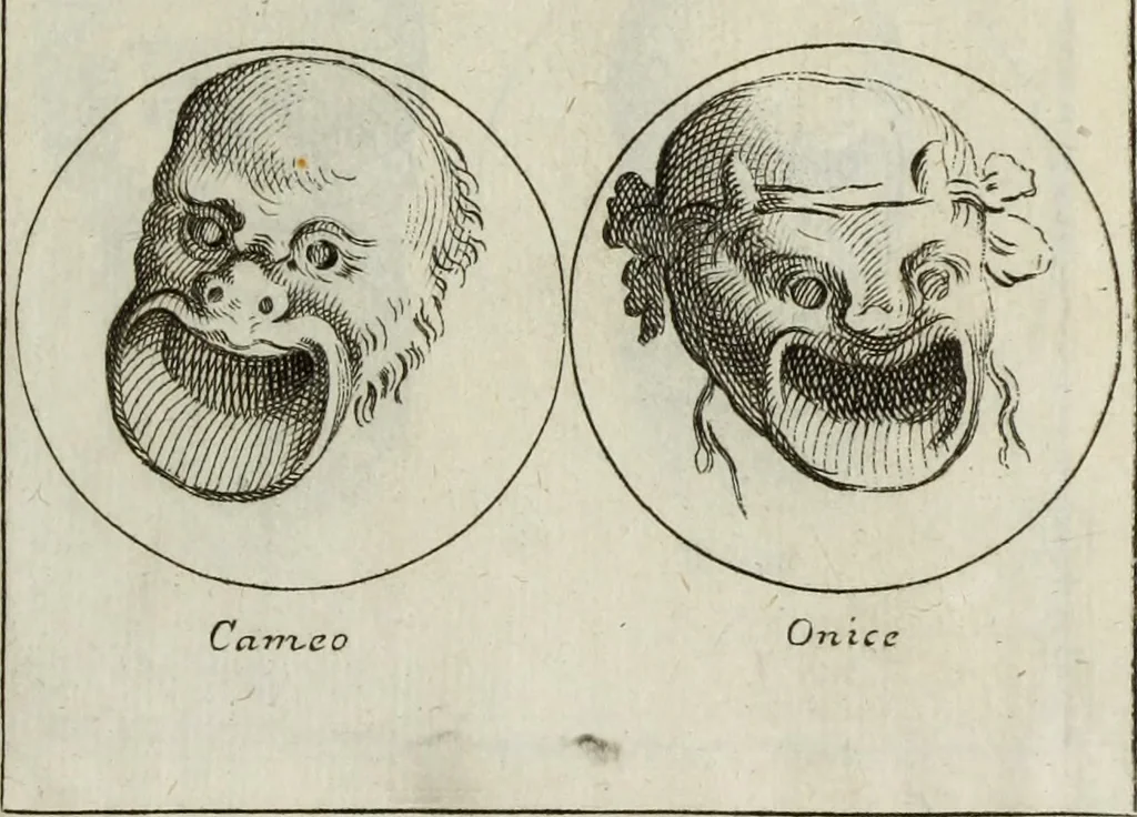 An illustration from Francisci Ficoronii Reg. Lond. Acad. socii dissertatio de larvis scenicis et figuris comicis antiquorum Romanorum, et ex Italica in Latinam linguam versa, 1754, leaf 266