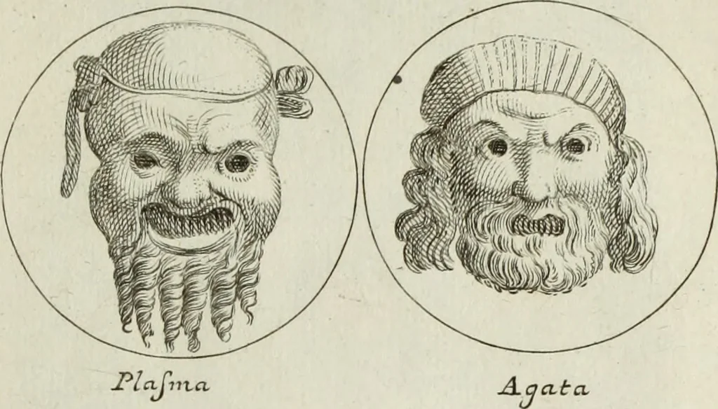 An illustration from Francisci Ficoronii Reg. Lond. Acad. socii dissertatio de larvis scenicis et figuris comicis antiquorum Romanorum, et ex Italica in Latinam linguam versa, 1754, leaf 268
