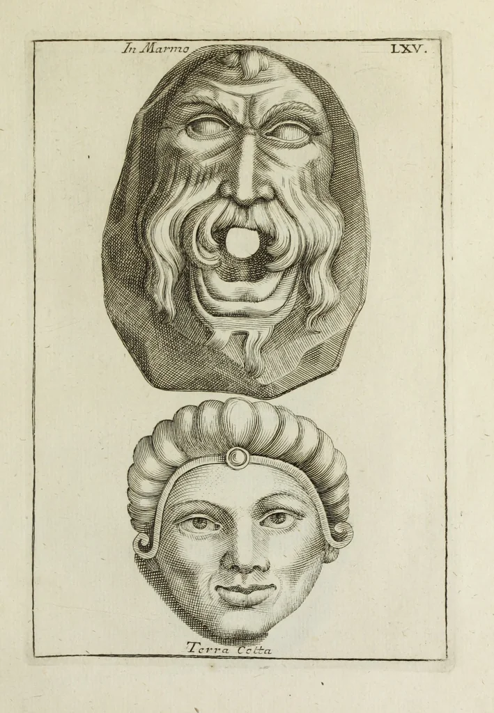 An illustration from Francisci Ficoronii Reg. Lond. Acad. socii dissertatio de larvis scenicis et figuris comicis antiquorum Romanorum, et ex Italica in Latinam linguam versa, 1754, leaf 270