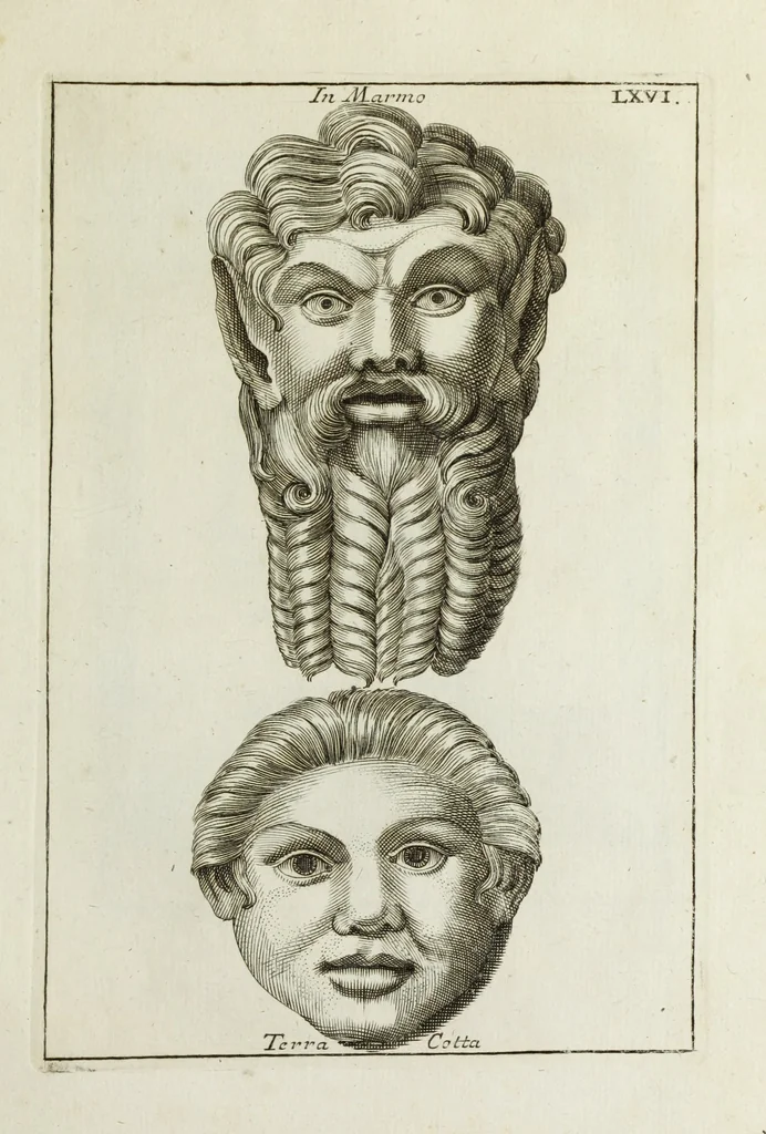 An illustration from Francisci Ficoronii Reg. Lond. Acad. socii dissertatio de larvis scenicis et figuris comicis antiquorum Romanorum, et ex Italica in Latinam linguam versa, 1754, leaf 272