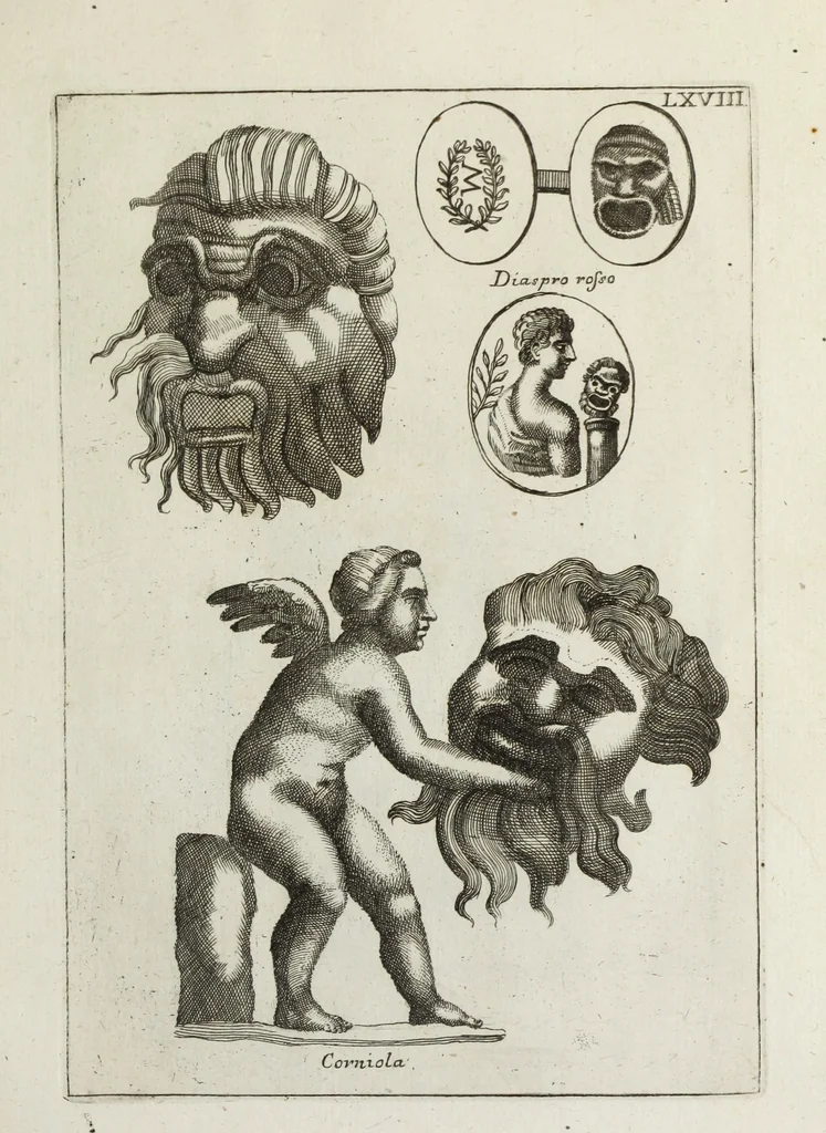 An illustration from Francisci Ficoronii Reg. Lond. Acad. socii dissertatio de larvis scenicis et figuris comicis antiquorum Romanorum, et ex Italica in Latinam linguam versa, 1754, leaf 276