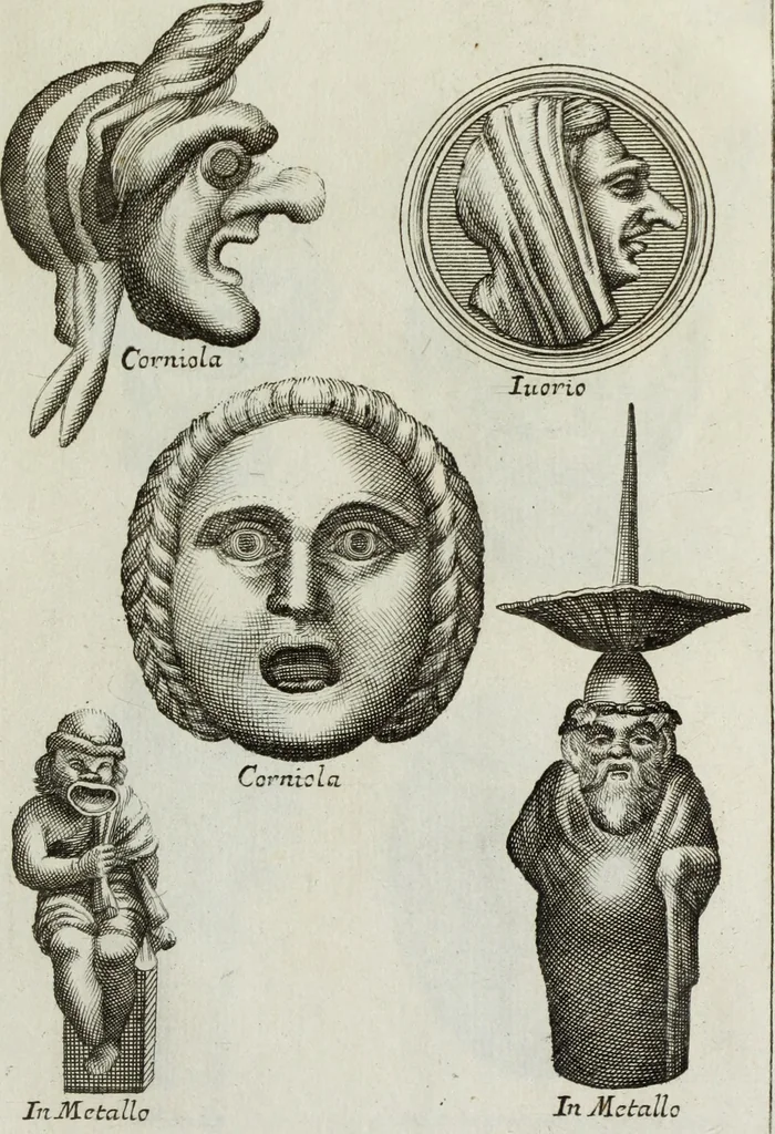 An illustration from Francisci Ficoronii Reg. Lond. Acad. socii dissertatio de larvis scenicis et figuris comicis antiquorum Romanorum, et ex Italica in Latinam linguam versa, 1754, leaf 282