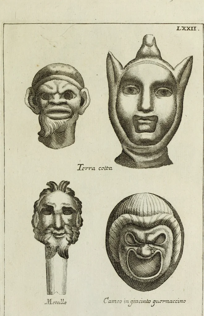An illustration from Francisci Ficoronii Reg. Lond. Acad. socii dissertatio de larvis scenicis et figuris comicis antiquorum Romanorum, et ex Italica in Latinam linguam versa, 1754, leaf 284