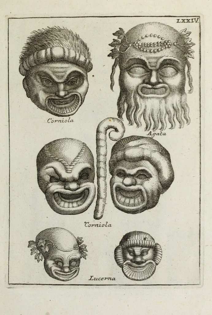 An illustration from Francisci Ficoronii Reg. Lond. Acad. socii dissertatio de larvis scenicis et figuris comicis antiquorum Romanorum, et ex Italica in Latinam linguam versa, 1754, leaf 288