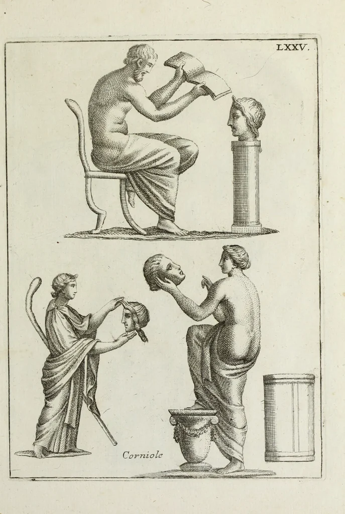 An illustration from Francisci Ficoronii Reg. Lond. Acad. socii dissertatio de larvis scenicis et figuris comicis antiquorum Romanorum, et ex Italica in Latinam linguam versa, 1754, leaf 290