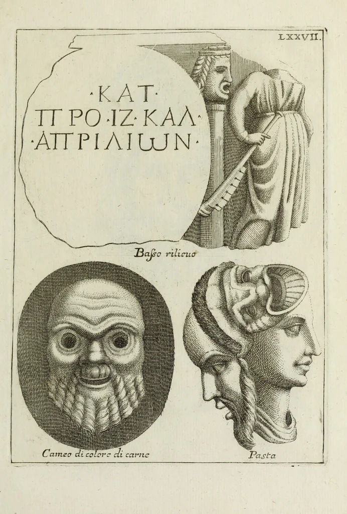 An illustration from Francisci Ficoronii Reg. Lond. Acad. socii dissertatio de larvis scenicis et figuris comicis antiquorum Romanorum, et ex Italica in Latinam linguam versa, 1754, leaf 294