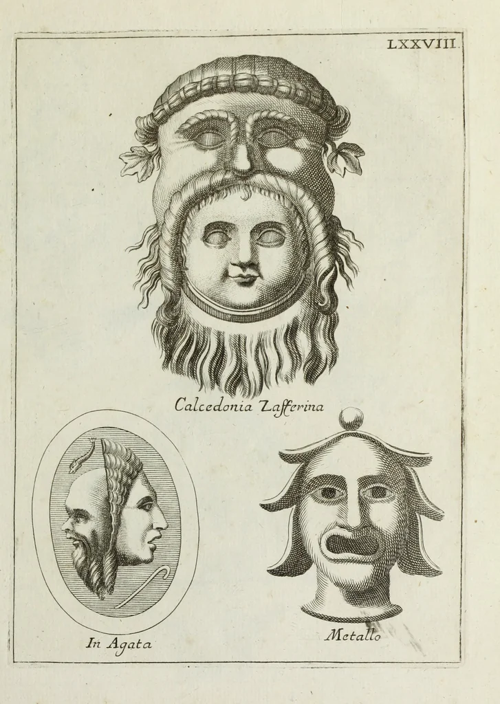 An illustration from Francisci Ficoronii Reg. Lond. Acad. socii dissertatio de larvis scenicis et figuris comicis antiquorum Romanorum, et ex Italica in Latinam linguam versa, 1754, leaf 296