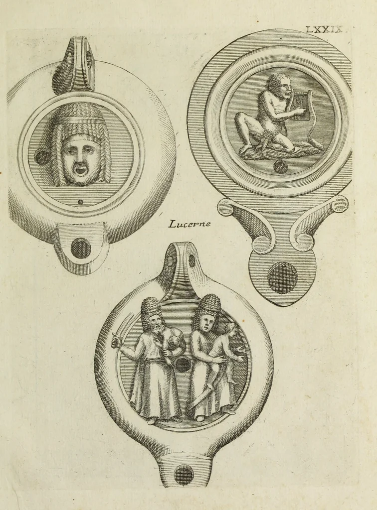 An illustration from Francisci Ficoronii Reg. Lond. Acad. socii dissertatio de larvis scenicis et figuris comicis antiquorum Romanorum, et ex Italica in Latinam linguam versa, 1754, leaf 298