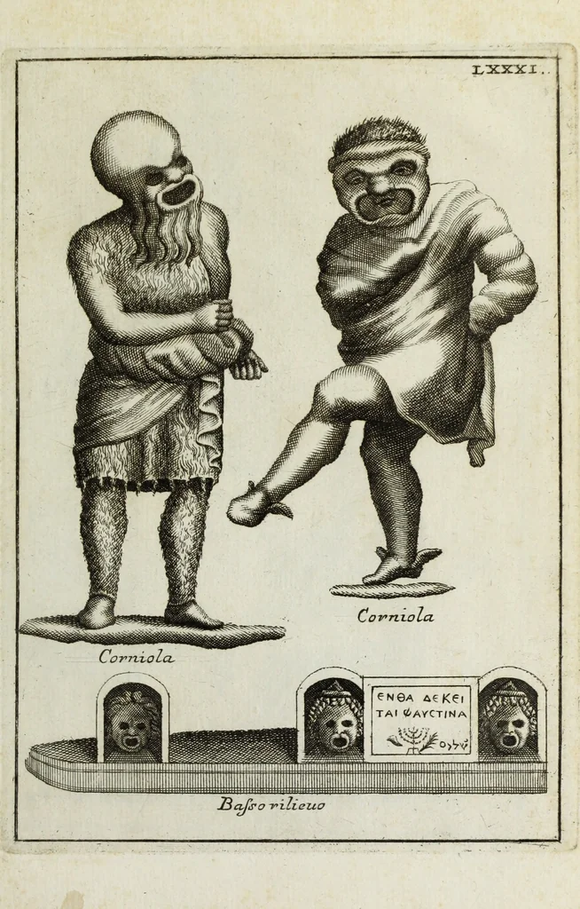 An illustration from Francisci Ficoronii Reg. Lond. Acad. socii dissertatio de larvis scenicis et figuris comicis antiquorum Romanorum, et ex Italica in Latinam linguam versa, 1754, leaf 302