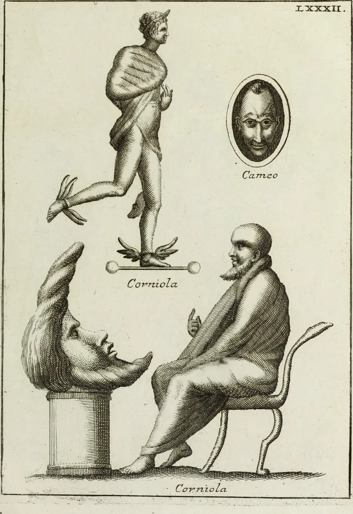 An illustration from Francisci Ficoronii Reg. Lond. Acad. socii dissertatio de larvis scenicis et figuris comicis antiquorum Romanorum, et ex Italica in Latinam linguam versa, 1754, leaf 304