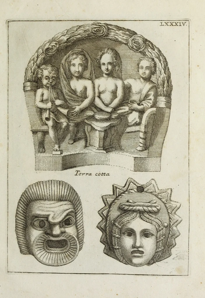 An illustration from Francisci Ficoronii Reg. Lond. Acad. socii dissertatio de larvis scenicis et figuris comicis antiquorum Romanorum, et ex Italica in Latinam linguam versa, 1754, leaf 308