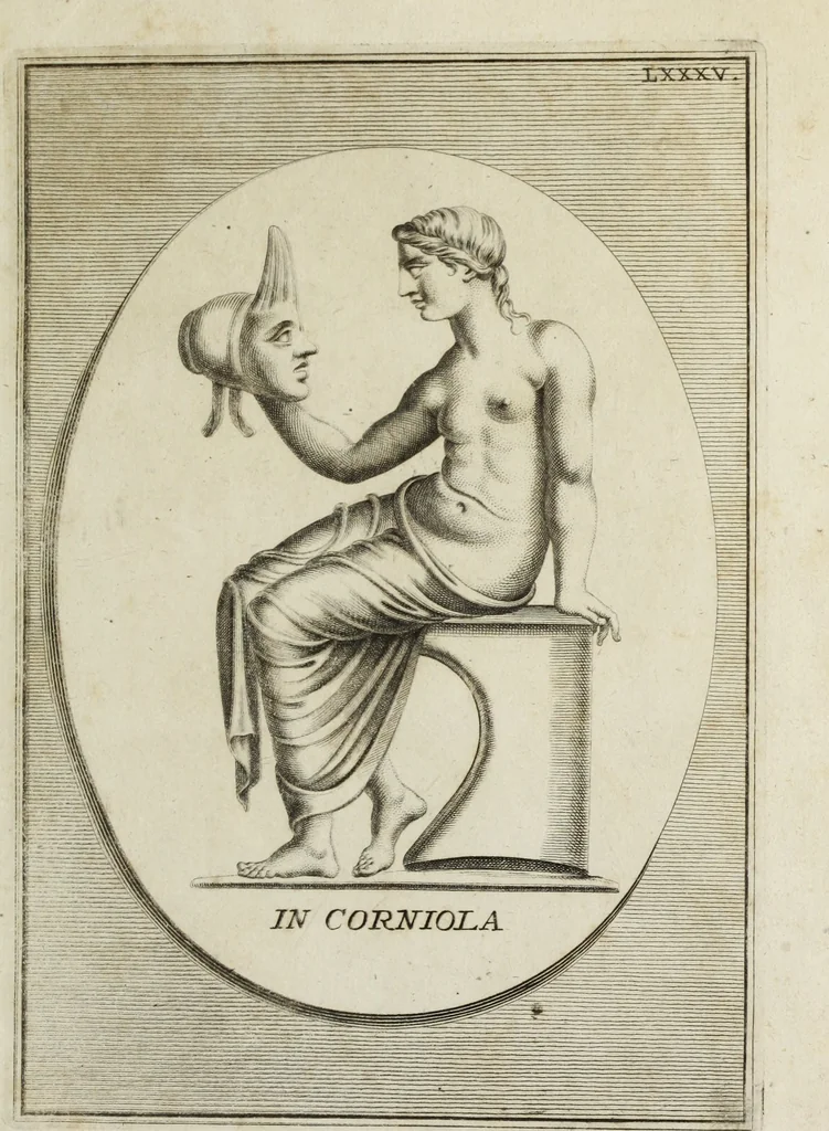 An illustration from Francisci Ficoronii Reg. Lond. Acad. socii dissertatio de larvis scenicis et figuris comicis antiquorum Romanorum, et ex Italica in Latinam linguam versa, 1754, leaf 310