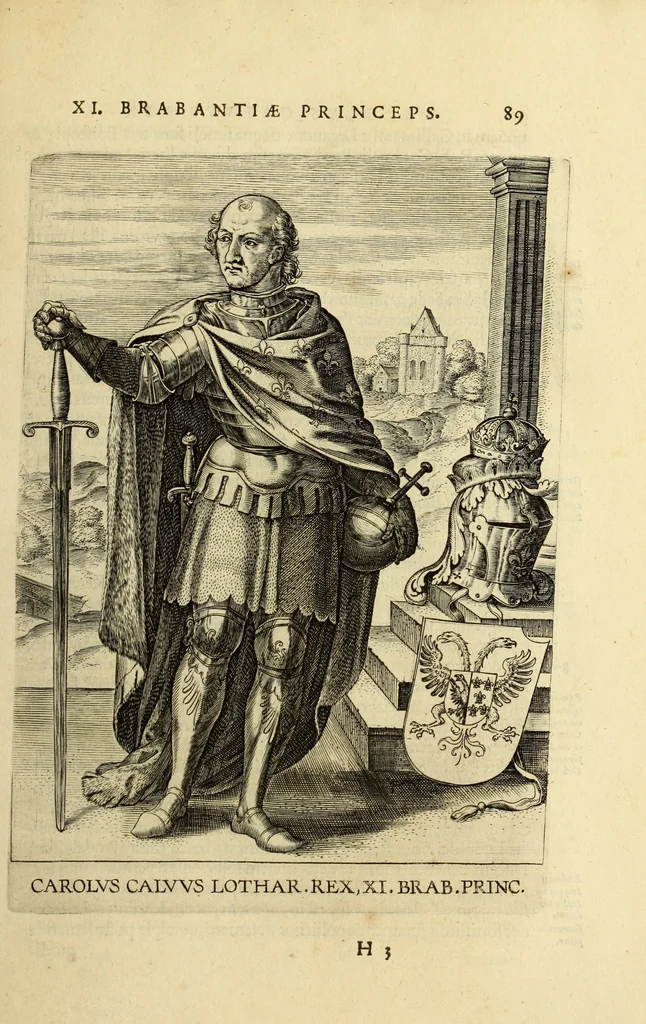 An illustration from Francisci Haraei Annales ducum seu principum Brabantiae totiusq. Belgii : tomi tres : quorum primo solius Brabantiae, secundo Belgii vniti principum res gestae, tertio belgici tumultus, vsque ad inducias anno M. DC. IX. pactas, enarrantur : cum ducum seu principum imaginibus, et breui rerum per omnem Europam illustrium narratione, 1623, leaf 128