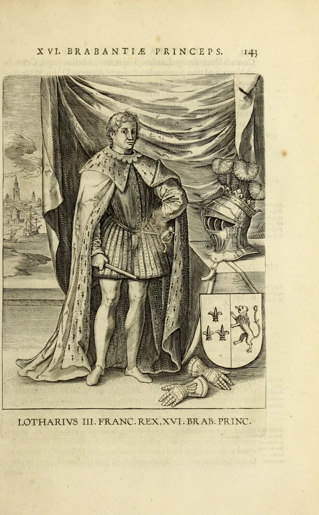 An illustration from Francisci Haraei Annales ducum seu principum Brabantiae totiusq. Belgii : tomi tres : quorum primo solius Brabantiae, secundo Belgii vniti principum res gestae, tertio belgici tumultus, vsque ad inducias anno M. DC. IX. pactas, enarrantur : cum ducum seu principum imaginibus, et breui rerum per omnem Europam illustrium narratione, 1623, leaf 182