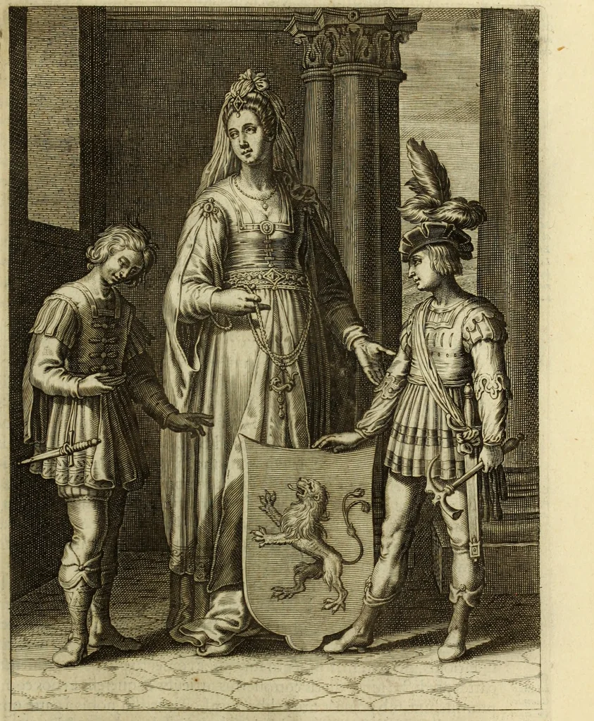 An illustration from Francisci Haraei Annales ducum seu principum Brabantiae totiusq. Belgii : tomi tres : quorum primo solius Brabantiae, secundo Belgii vniti principum res gestae, tertio belgici tumultus, vsque ad inducias anno M. DC. IX. pactas, enarrantur : cum ducum seu principum imaginibus, et breui rerum per omnem Europam illustrium narratione, 1623, leaf 308
