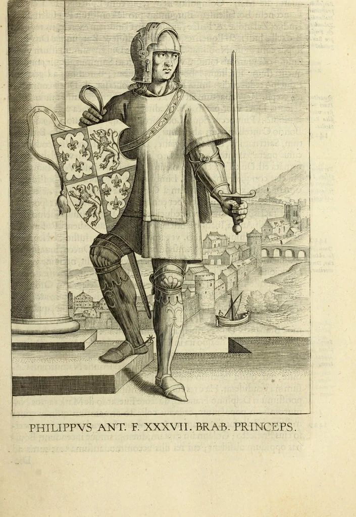 An illustration from Francisci Haraei Annales ducum seu principum Brabantiae totiusq. Belgii : tomi tres : quorum primo solius Brabantiae, secundo Belgii vniti principum res gestae, tertio belgici tumultus, vsque ad inducias anno M. DC. IX. pactas, enarrantur : cum ducum seu principum imaginibus, et breui rerum per omnem Europam illustrium narratione, 1623, leaf 444