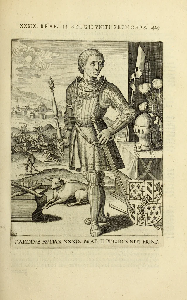An illustration from Francisci Haraei Annales ducum seu principum Brabantiae totiusq. Belgii : tomi tres : quorum primo solius Brabantiae, secundo Belgii vniti principum res gestae, tertio belgici tumultus, vsque ad inducias anno M. DC. IX. pactas, enarrantur : cum ducum seu principum imaginibus, et breui rerum per omnem Europam illustrium narratione, 1623, leaf 468