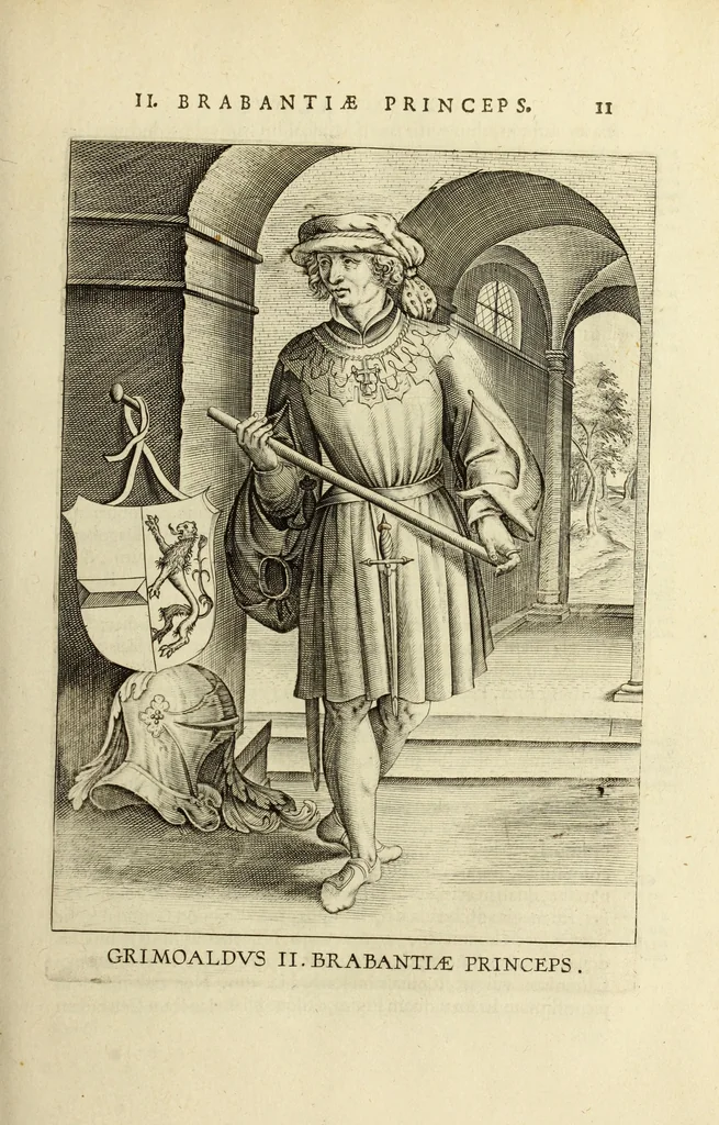 An illustration from Francisci Haraei Annales ducum seu principum Brabantiae totiusq. Belgii : tomi tres : quorum primo solius Brabantiae, secundo Belgii vniti principum res gestae, tertio belgici tumultus, vsque ad inducias anno M. DC. IX. pactas, enarrantur : cum ducum seu principum imaginibus, et breui rerum per omnem Europam illustrium narratione, 1623, leaf 50