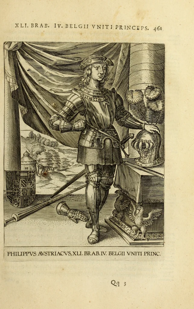 An illustration from Francisci Haraei Annales ducum seu principum Brabantiae totiusq. Belgii : tomi tres : quorum primo solius Brabantiae, secundo Belgii vniti principum res gestae, tertio belgici tumultus, vsque ad inducias anno M. DC. IX. pactas, enarrantur : cum ducum seu principum imaginibus, et breui rerum per omnem Europam illustrium narratione, 1623, leaf 500
