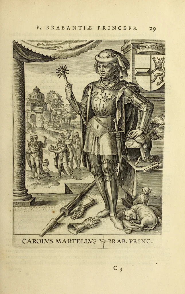 An illustration from Francisci Haraei Annales ducum seu principum Brabantiae totiusq. Belgii : tomi tres : quorum primo solius Brabantiae, secundo Belgii vniti principum res gestae, tertio belgici tumultus, vsque ad inducias anno M. DC. IX. pactas, enarrantur : cum ducum seu principum imaginibus, et breui rerum per omnem Europam illustrium narratione, 1623, leaf 68