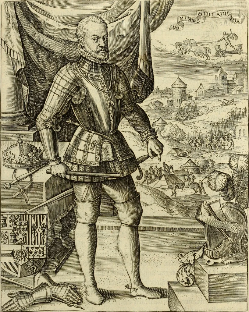 An illustration from Francisci Haraei Annales ducum seu principum Brabantiae totiusq. Belgii : tomi tres : quorum primo solius Brabantiae, secundo Belgii vniti principum res gestae, tertio belgici tumultus, vsque ad inducias anno M. DC. IX. pactas, enarrantur : cum ducum seu principum imaginibus, et breui rerum per omnem Europam illustrium narratione, 1623, leaf 722