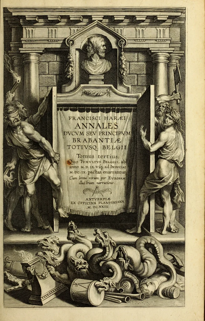 An illustration from Francisci Haraei Annales ducum seu principum Brabantiae totiusq. Belgii : tomi tres : quorum primo solius Brabantiae, secundo Belgii vniti principum res gestae, tertio belgici tumultus, vsque ad inducias anno M. DC. IX. pactas, enarrantur : cum ducum seu principum imaginibus, et breui rerum per omnem Europam illustrium narratione, 1623, leaf 6