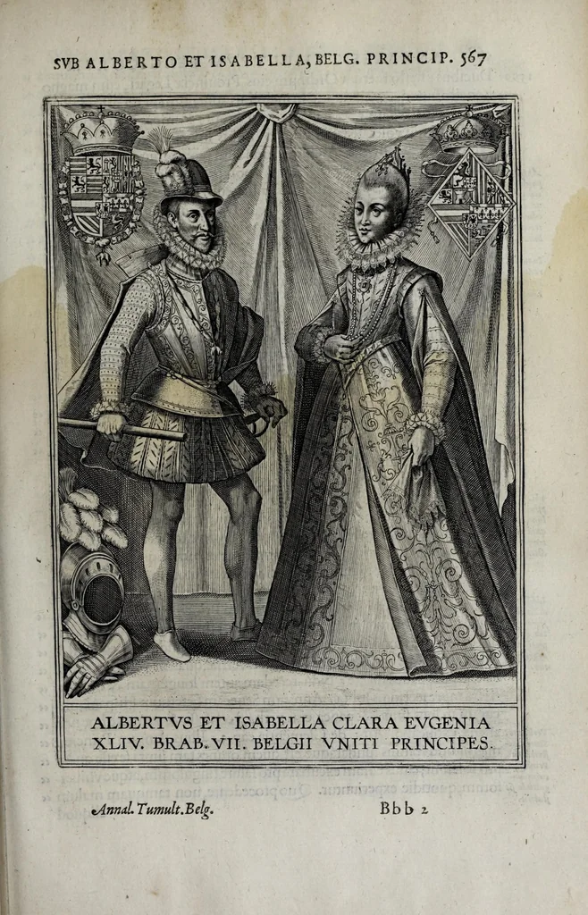 An illustration from Francisci Haraei Annales ducum seu principum Brabantiae totiusq. Belgii : tomi tres, quorum primo solius Brabantiae, secundo Belgii vniti principum res gestae, tertio Belgici tumultus, vsque ad indvcias anno M. DC. IX. pactas, enarrantur : cum dvcvm seu principvm imaginibus, et breui rerum per omnem Evropam illustrium narratione, 1623, leaf 593
