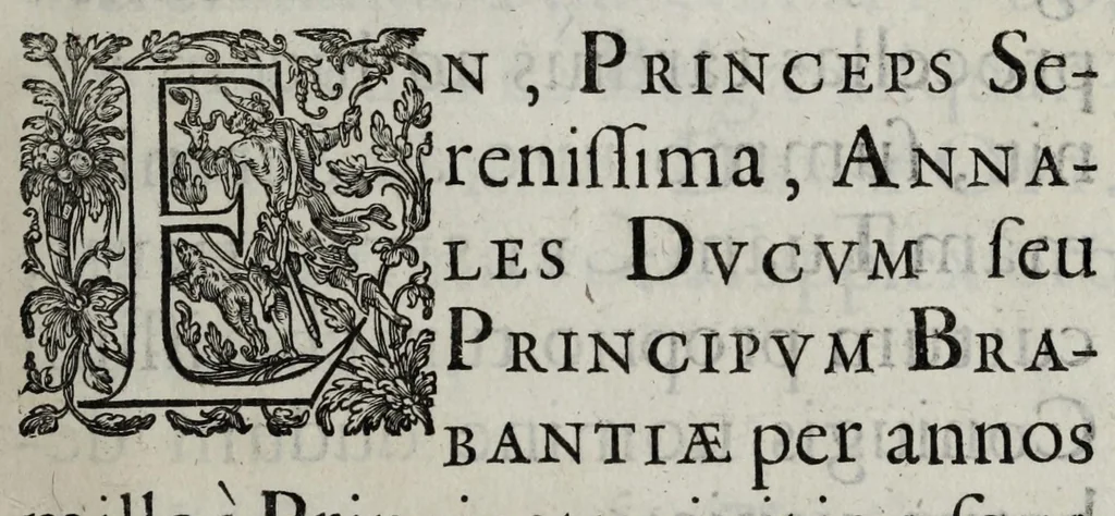 An illustration from Francisci Haraei Annales ducum seu principum Brabantiae totiusq. Belgii : tomi tres, quorum primo solius Brabantiae, secundo Belgii vniti principum res gestae, tertio Belgici tumultus, vsque ad indvcias anno M. DC. IX. pactas, enarrantur : cum dvcvm seu principvm imaginibus, et breui rerum per omnem Evropam illustrium narratione, 1623, leaf 9