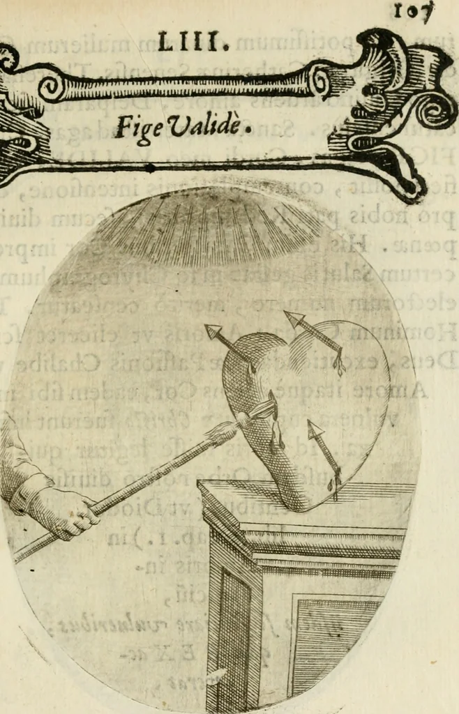 An illustration from Francisci Ponae Cardiomorphoseos, siue, Ex corde desumpta emblemata sacra, 1645, leaf 118