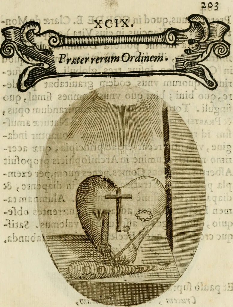 An illustration from Francisci Ponae Cardiomorphoseos, siue, Ex corde desumpta emblemata sacra, 1645, leaf 214
