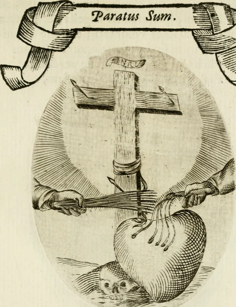 An illustration from Francisci Ponae Cardiomorphoseos, siue, Ex corde desumpta emblemata sacra, 1645, leaf 42