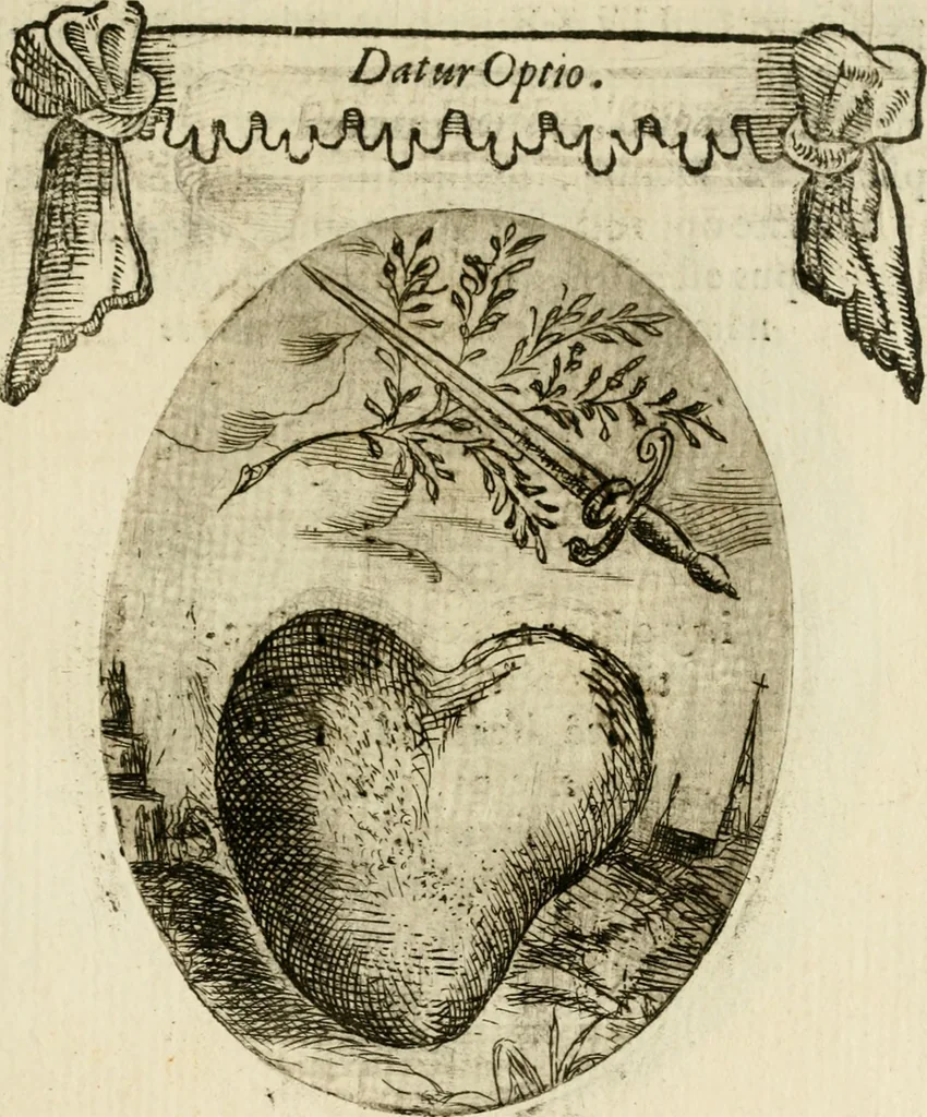 An illustration from Francisci Ponae Cardiomorphoseos, siue, Ex corde desumpta emblemata sacra, 1645, leaf 60