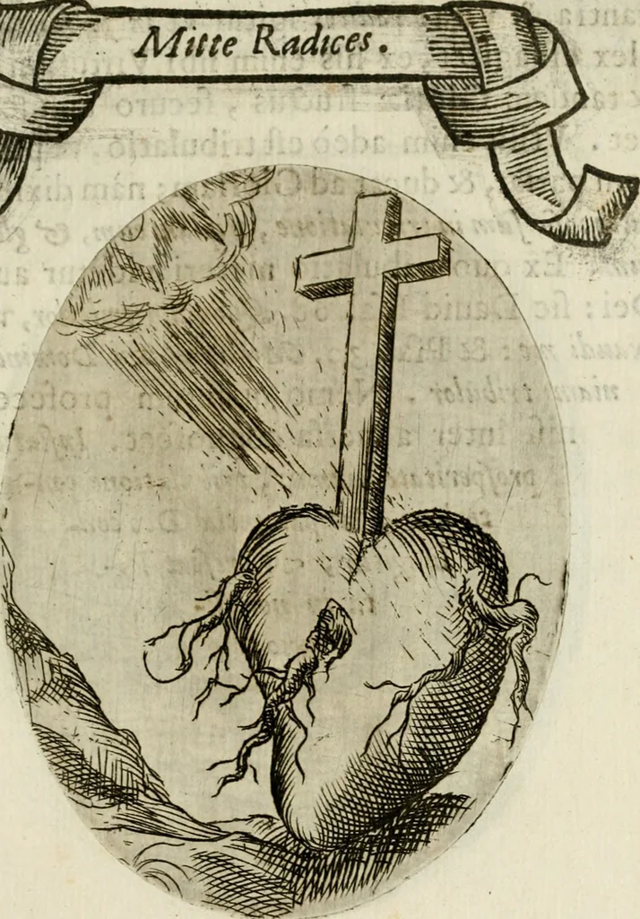 An illustration from Francisci Ponae Cardiomorphoseos, siue, Ex corde desumpta emblemata sacra, 1645, leaf 70