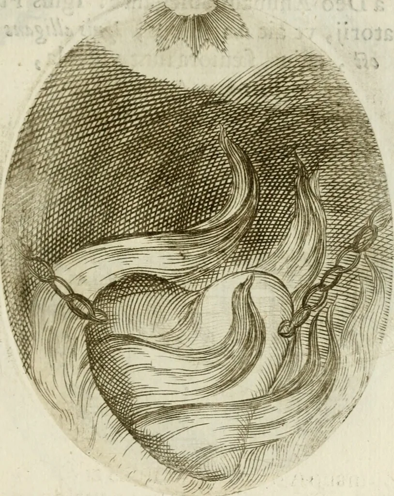 An illustration from Francisci Ponae Cardiomorphoseos, siue, Ex corde desumpta emblemata sacra, 1645, leaf 94