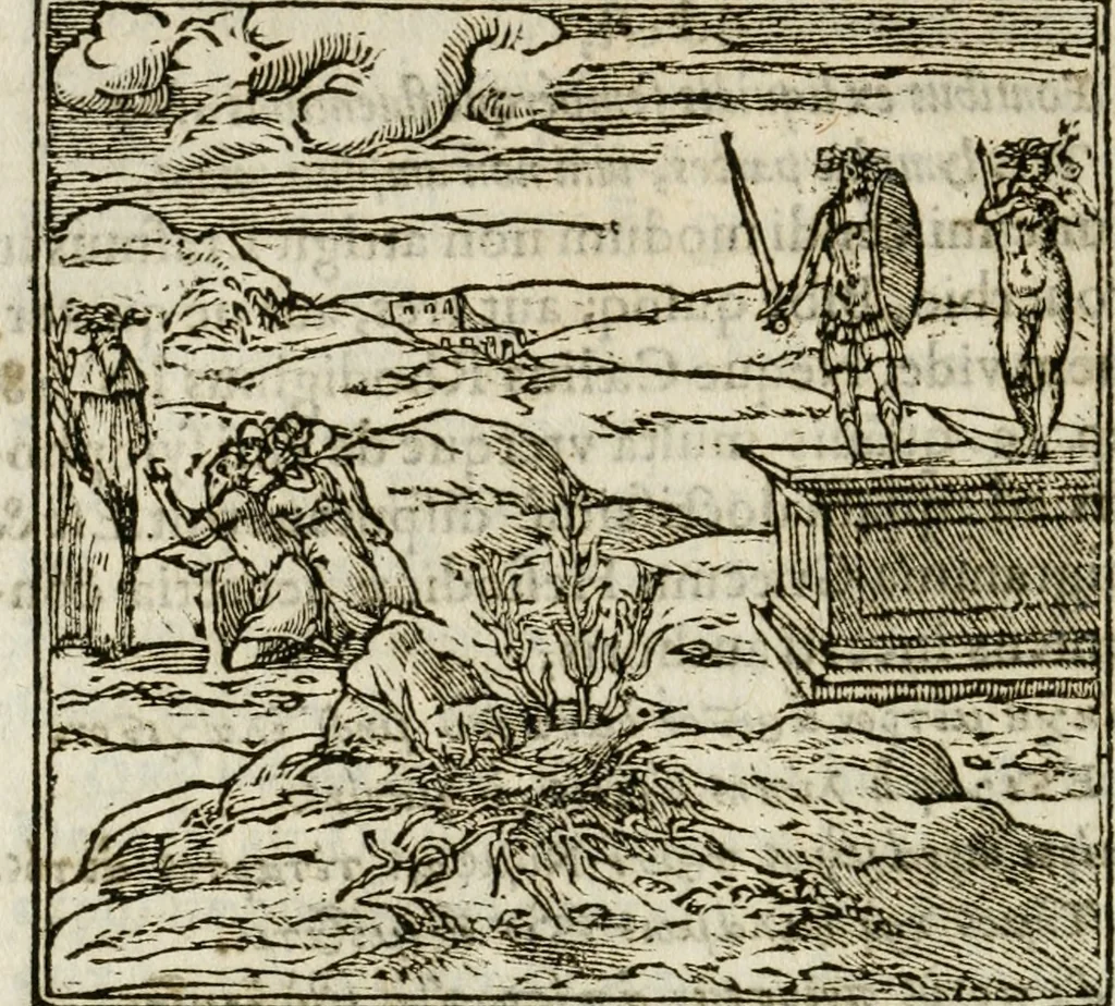 An illustration from Francisci Sanctii Brocensis in inclyta Salmaticensi Academia rhetoricae Graecaeque linguae professoris Comment. in And. Alciati emblemata : nunc denuo multis in locis accurate recognita, & quamplurimis figuris illustrata : cum indice copiosissimo, 1573, leaf 113