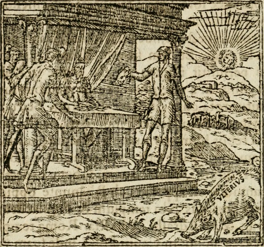 An illustration from Francisci Sanctii Brocensis in inclyta Salmaticensi Academia rhetoricae Graecaeque linguae professoris Comment. in And. Alciati emblemata : nunc denuo multis in locis accurate recognita, & quamplurimis figuris illustrata : cum indice copiosissimo, 1573, leaf 183