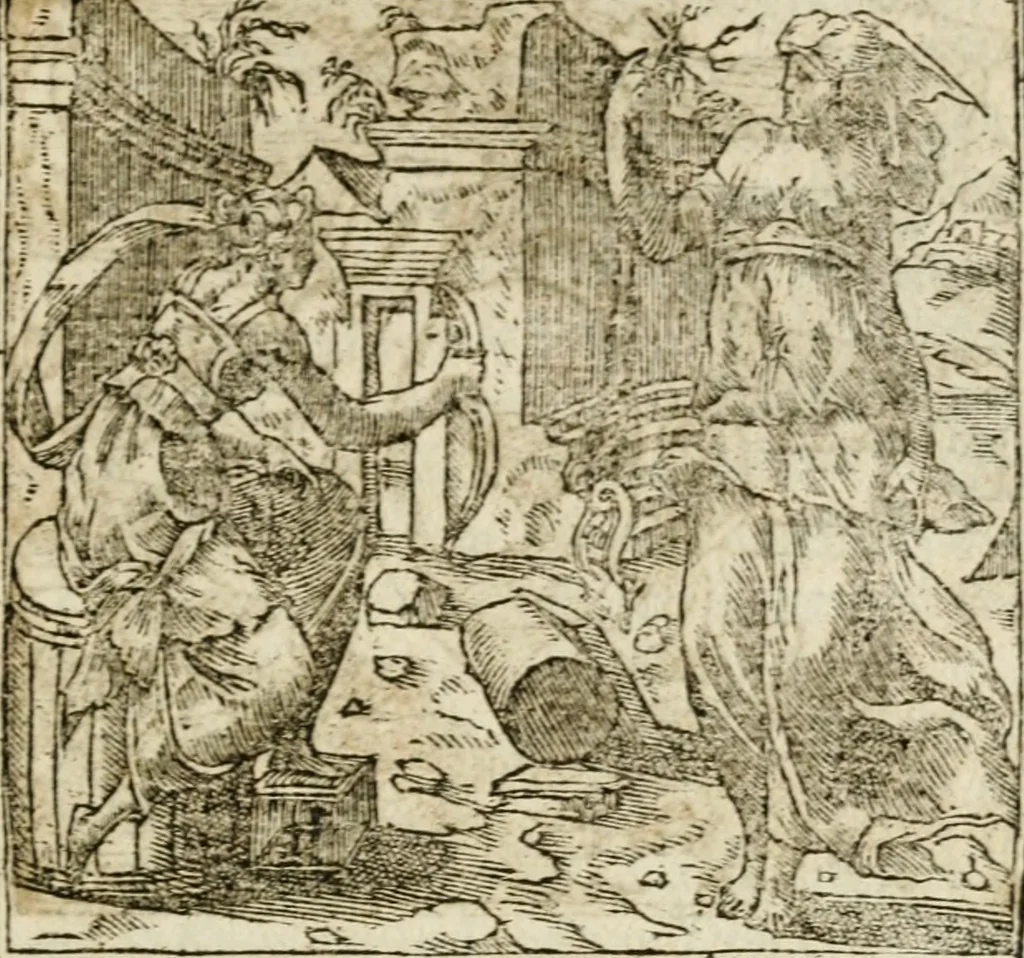 An illustration from Francisci Sanctii Brocensis in inclyta Salmaticensi Academia rhetoricae Graecaeque linguae professoris Comment. in And. Alciati emblemata : nunc denuo multis in locis accurate recognita, & quamplurimis figuris illustrata : cum indice copiosissimo, 1573, leaf 184