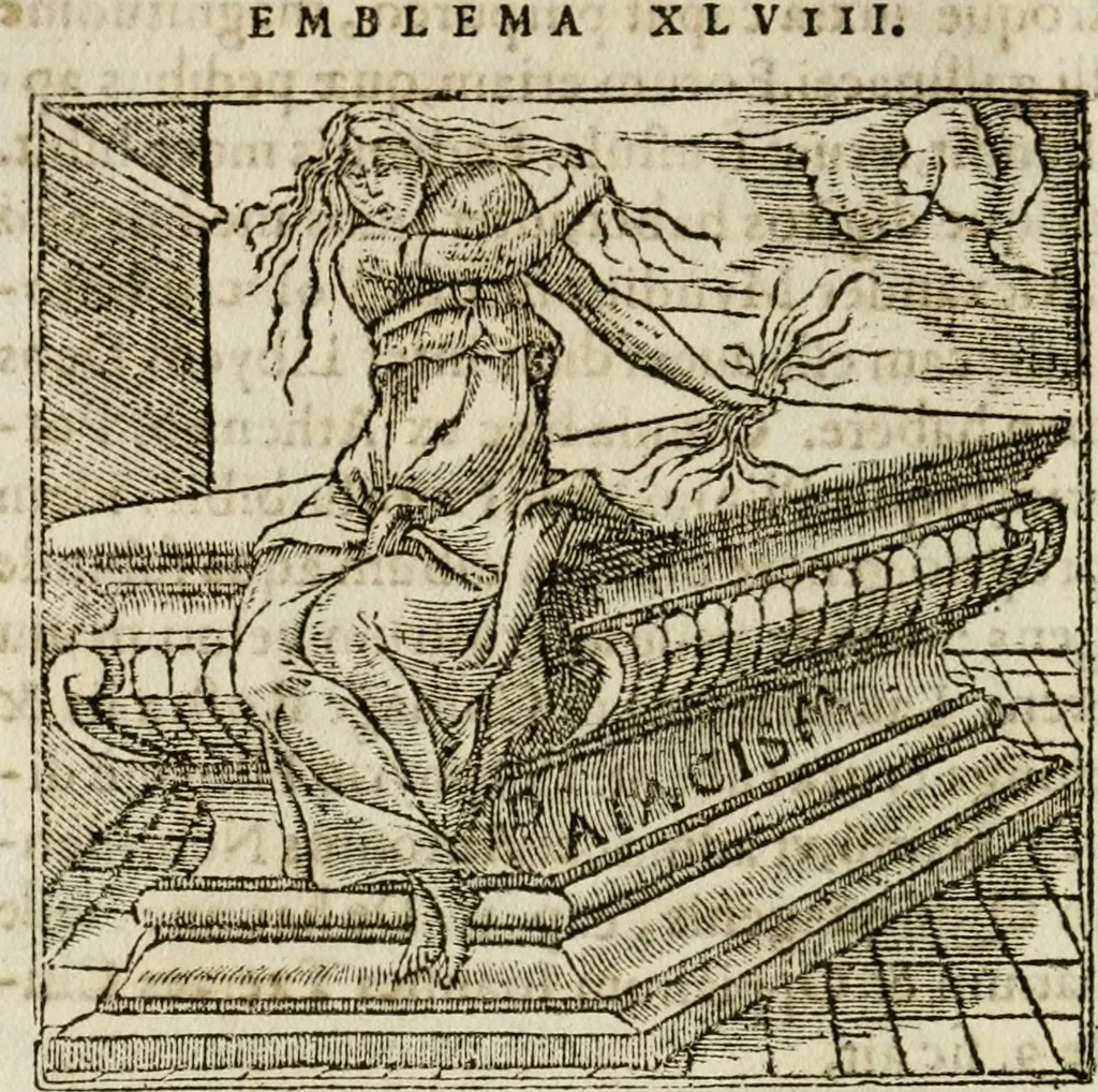 An illustration from Francisci Sanctii Brocensis in inclyta Salmaticensi Academia rhetoricae Graecaeque linguae professoris Comment. in And. Alciati emblemata : nunc denuo multis in locis accurate recognita, & quamplurimis figuris illustrata : cum indice copiosissimo, 1573, leaf 187