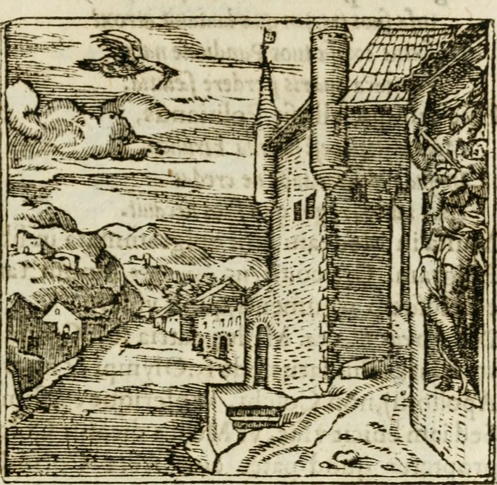 An illustration from Francisci Sanctii Brocensis in inclyta Salmaticensi Academia rhetoricae Graecaeque linguae professoris Comment. in And. Alciati emblemata : nunc denuo multis in locis accurate recognita, & quamplurimis figuris illustrata : cum indice copiosissimo, 1573, leaf 200