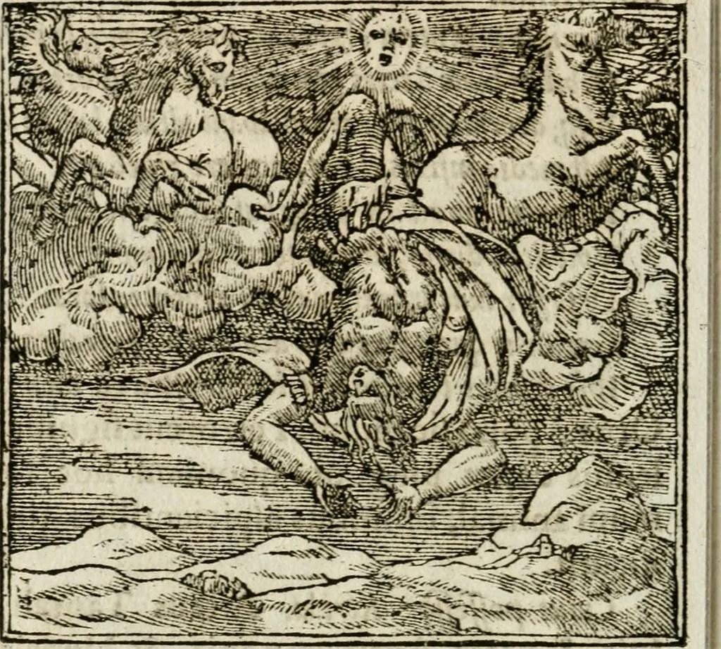An illustration from Francisci Sanctii Brocensis in inclyta Salmaticensi Academia rhetoricae Graecaeque linguae professoris Comment. in And. Alciati emblemata : nunc denuo multis in locis accurate recognita, & quamplurimis figuris illustrata : cum indice copiosissimo, 1573, leaf 205