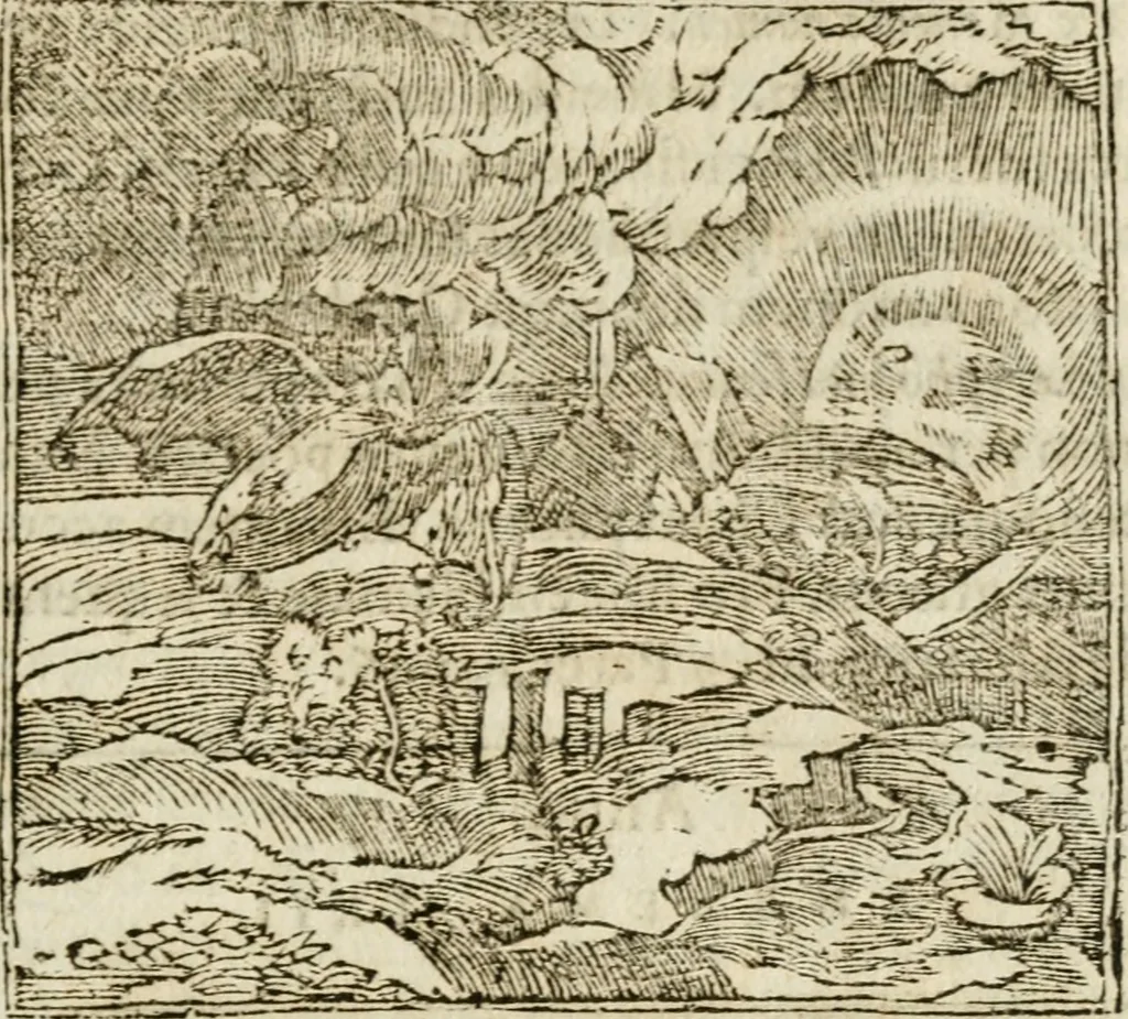 An illustration from Francisci Sanctii Brocensis in inclyta Salmaticensi Academia rhetoricae Graecaeque linguae professoris Comment. in And. Alciati emblemata : nunc denuo multis in locis accurate recognita, & quamplurimis figuris illustrata : cum indice copiosissimo, 1573, leaf 214