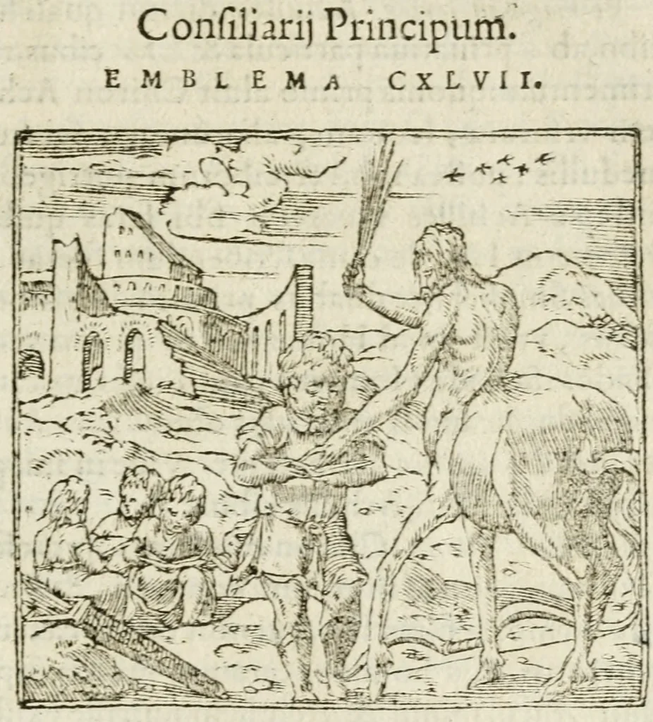 An illustration from Francisci Sanctii Brocensis in inclyta Salmaticensi Academia rhetoricae Graecaeque linguae professoris Comment. in And. Alciati emblemata : nunc denuo multis in locis accurate recognita, & quamplurimis figuris illustrata : cum indice copiosissimo, 1573, leaf 424