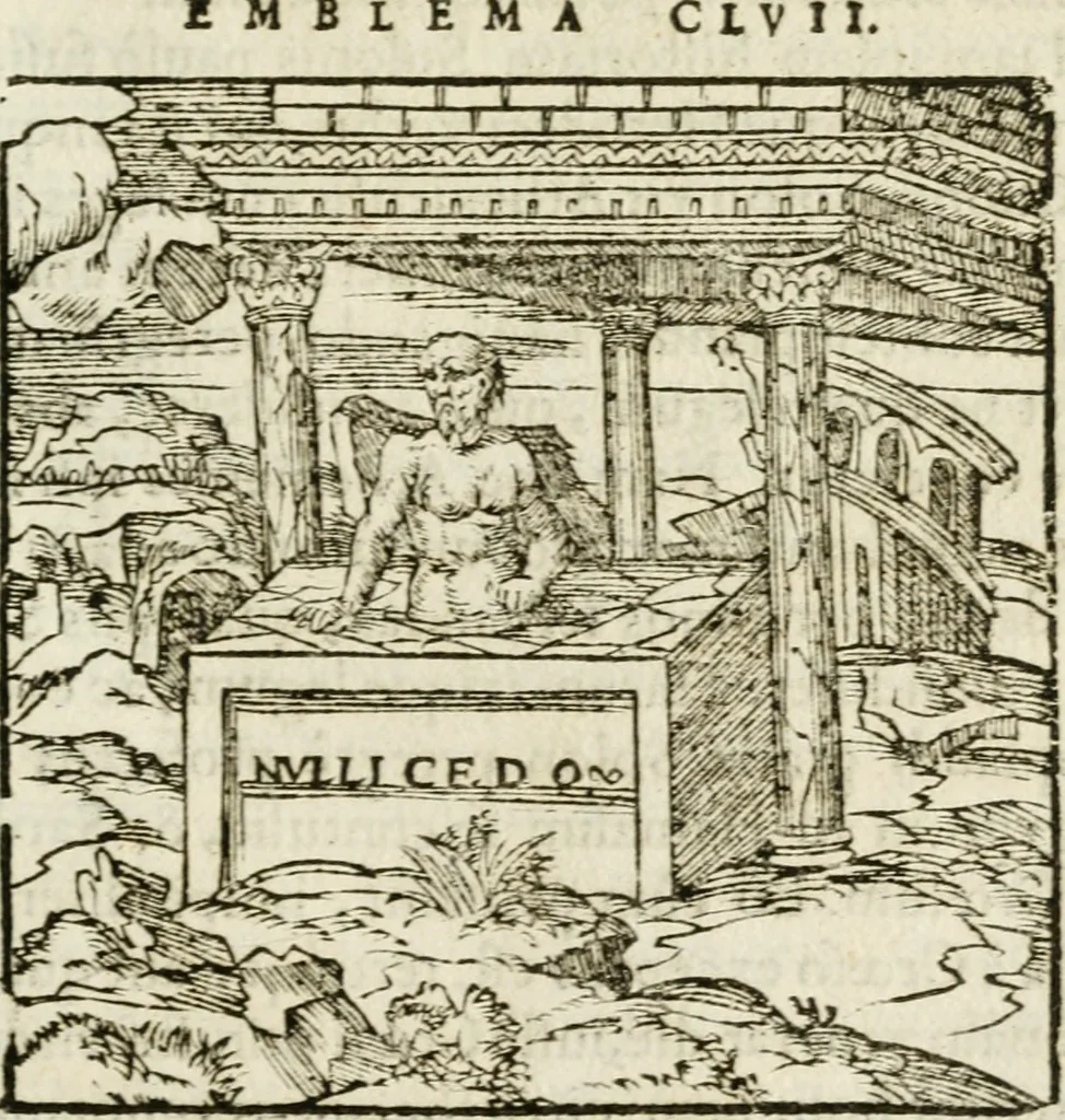 An illustration from Francisci Sanctii Brocensis in inclyta Salmaticensi Academia rhetoricae Graecaeque linguae professoris Comment. in And. Alciati emblemata : nunc denuo multis in locis accurate recognita, & quamplurimis figuris illustrata : cum indice copiosissimo, 1573, leaf 444