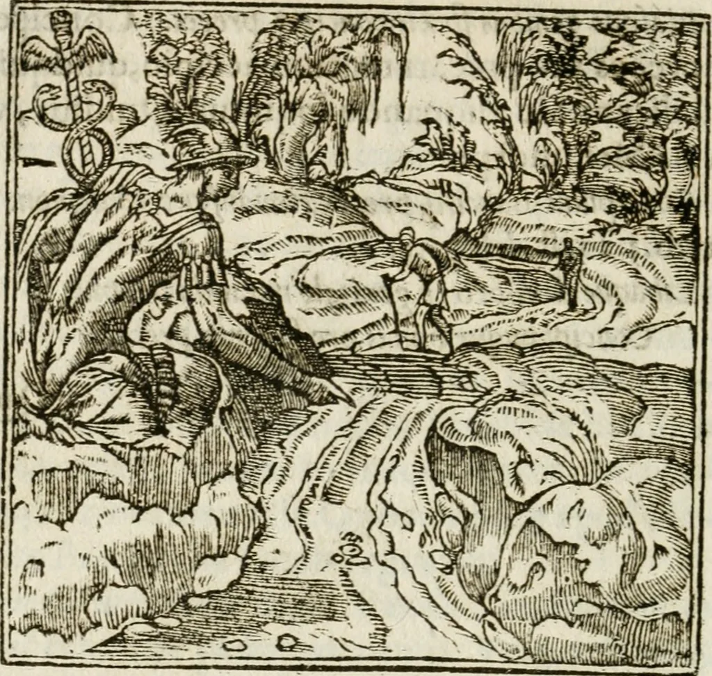 An illustration from Francisci Sanctii Brocensis in inclyta Salmaticensi Academia rhetoricae Graecaeque linguae professoris Comment. in And. Alciati emblemata : nunc denuo multis in locis accurate recognita, & quamplurimis figuris illustrata : cum indice copiosissimo, 1573, leaf 45