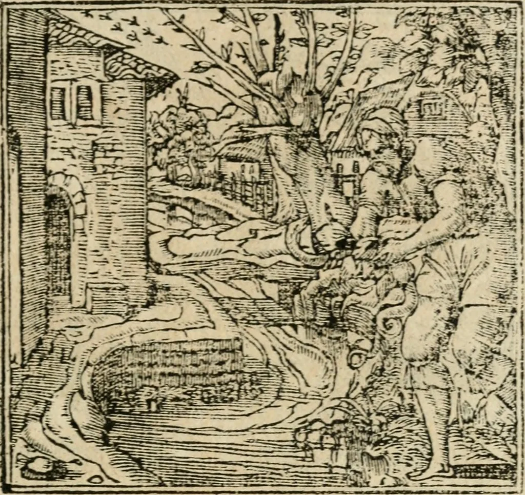 An illustration from Francisci Sanctii Brocensis in inclyta Salmaticensi Academia rhetoricae Graecaeque linguae professoris Comment. in And. Alciati emblemata : nunc denuo multis in locis accurate recognita, & quamplurimis figuris illustrata : cum indice copiosissimo, 1573, leaf 96